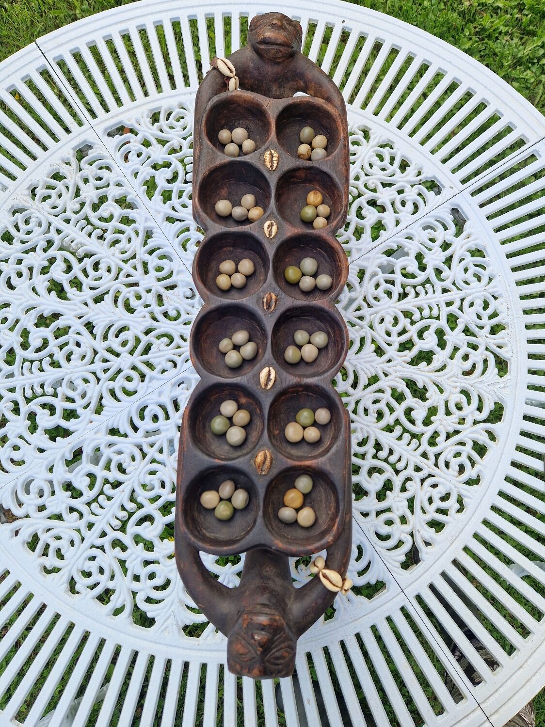 Large vintage Awale Oware game hand carved wood Nigeria 1980s