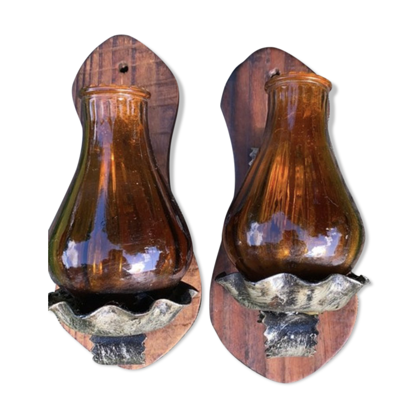 Pair of amber green wall candle holders