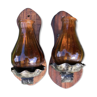 Pair of amber green wall candle holders