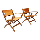 Two 1950s Danish Safari Chairs In Oak & Hide Leather by Poul Hundevad
