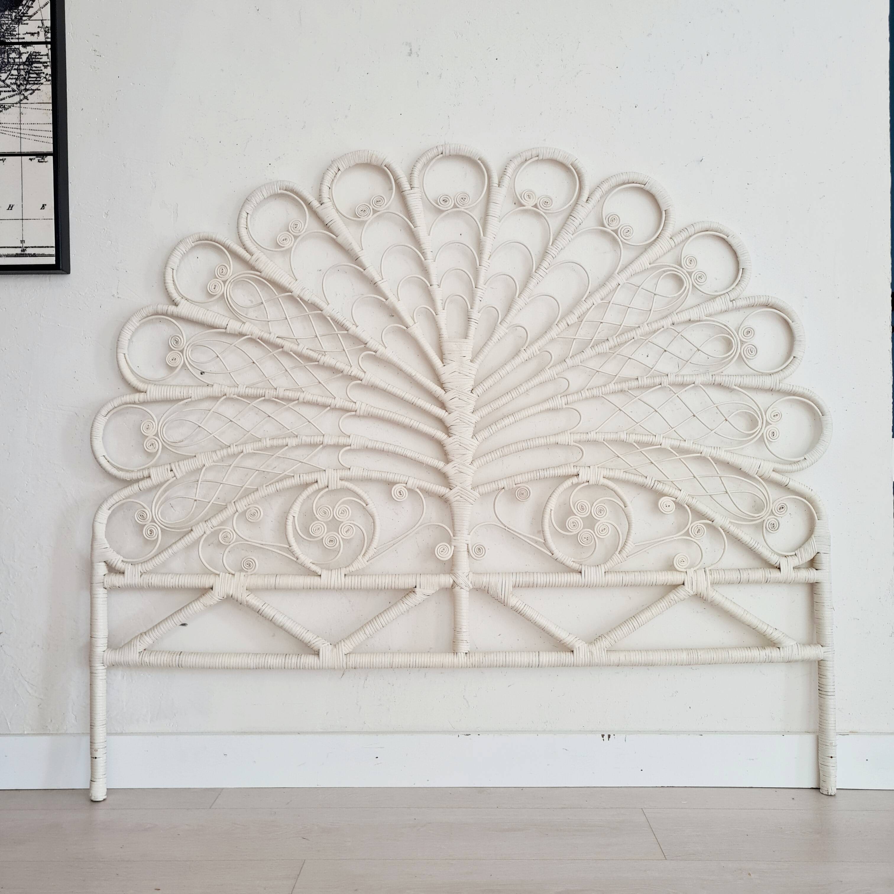 Peacock headboard in white rattan
