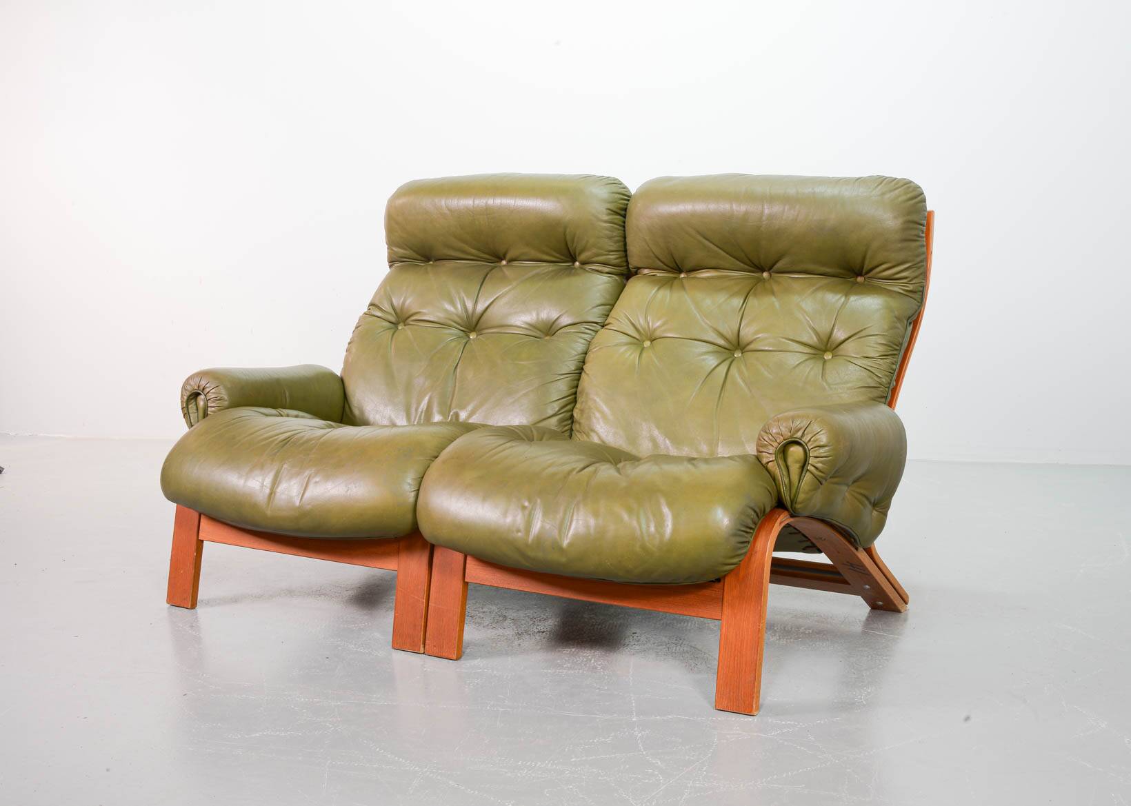 Scandinavian Rybo Rykken Olivegreen Leather 2-Seat Ry-Wing Lounge Sofa, 60s