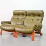 Scandinavian Rybo Rykken Olivegreen Leather 2-Seat Ry-Wing Lounge Sofa, 60s