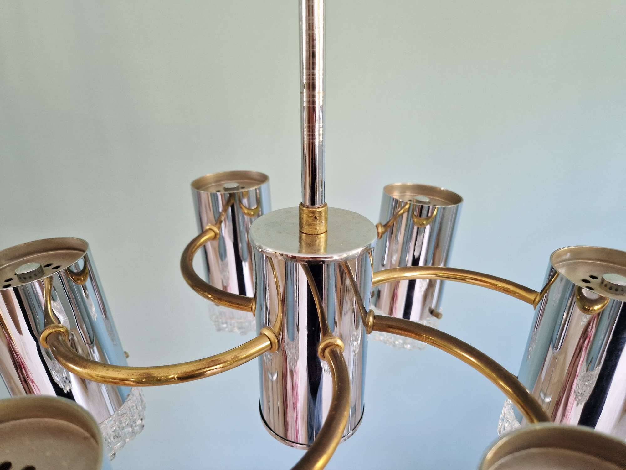 Space Age chandelier in chrome metal and brass, 1970s