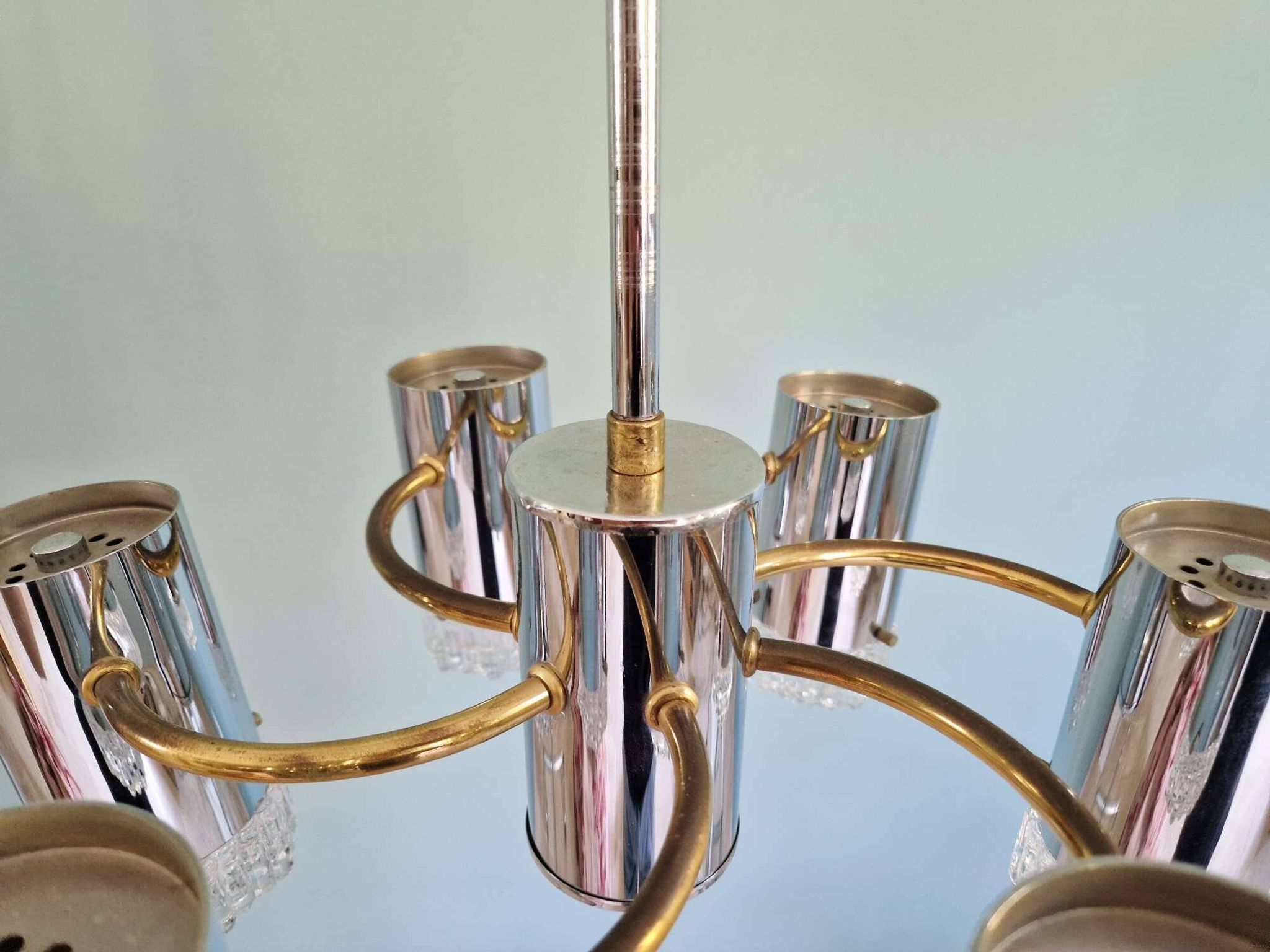 Space Age chandelier in chrome metal and brass, 1970s