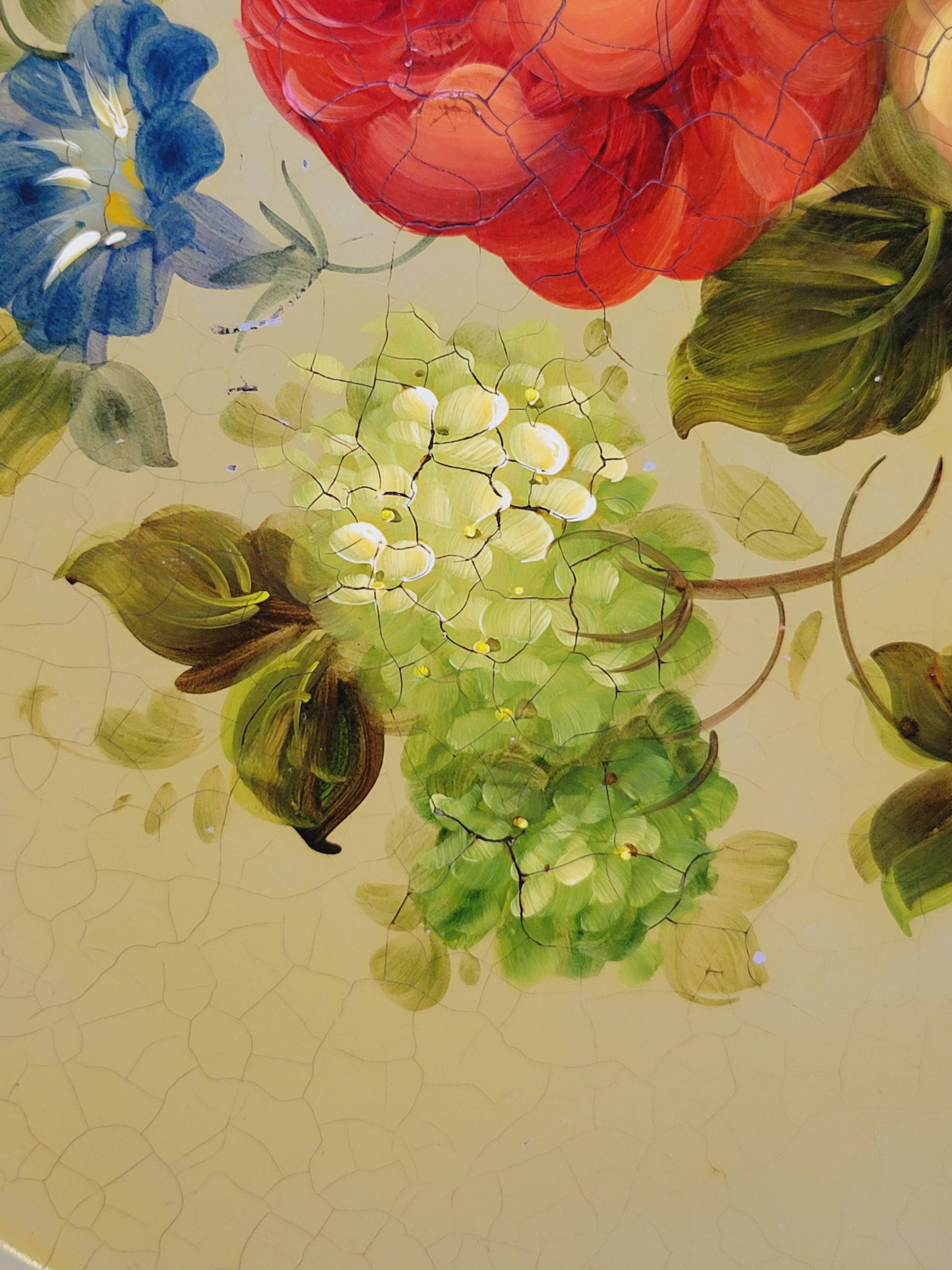 Napoleon III Painted Sheet Metal Tray Painted Metal Floral Decor Diameter 44.5