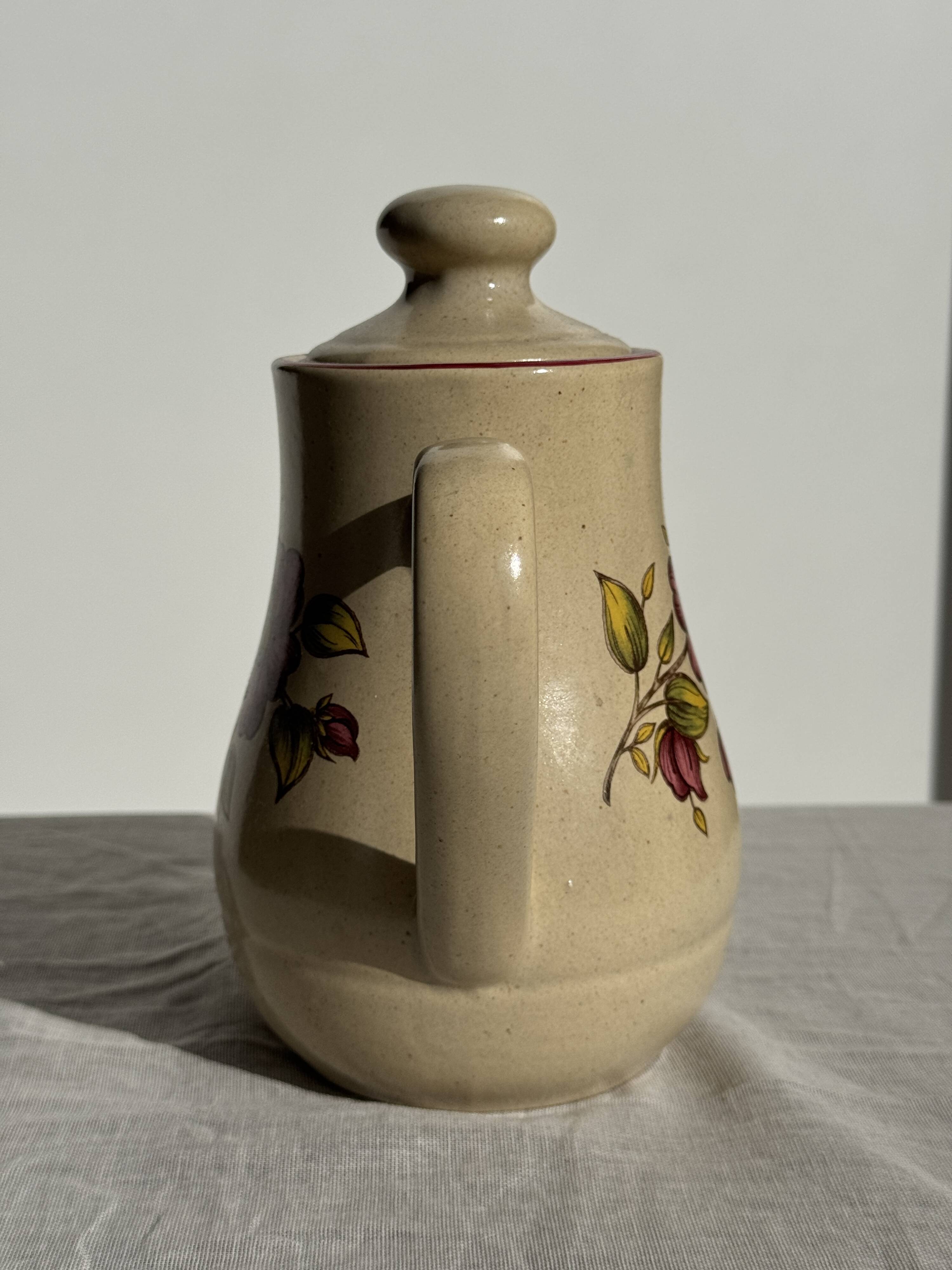 Vintage beige stoneware teapot with pink flower pattern H22