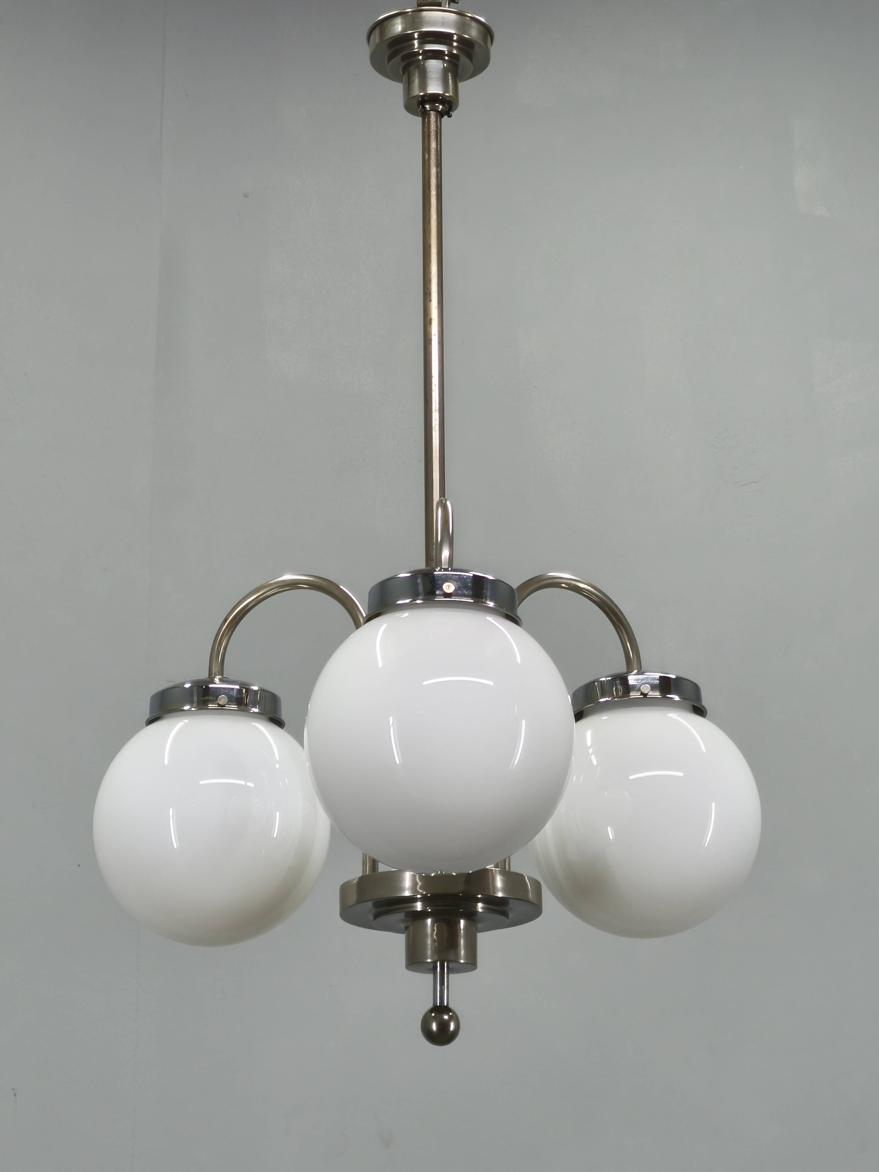 1930s Czech Art Deco Chandelier with Three Opaline Glass Globes