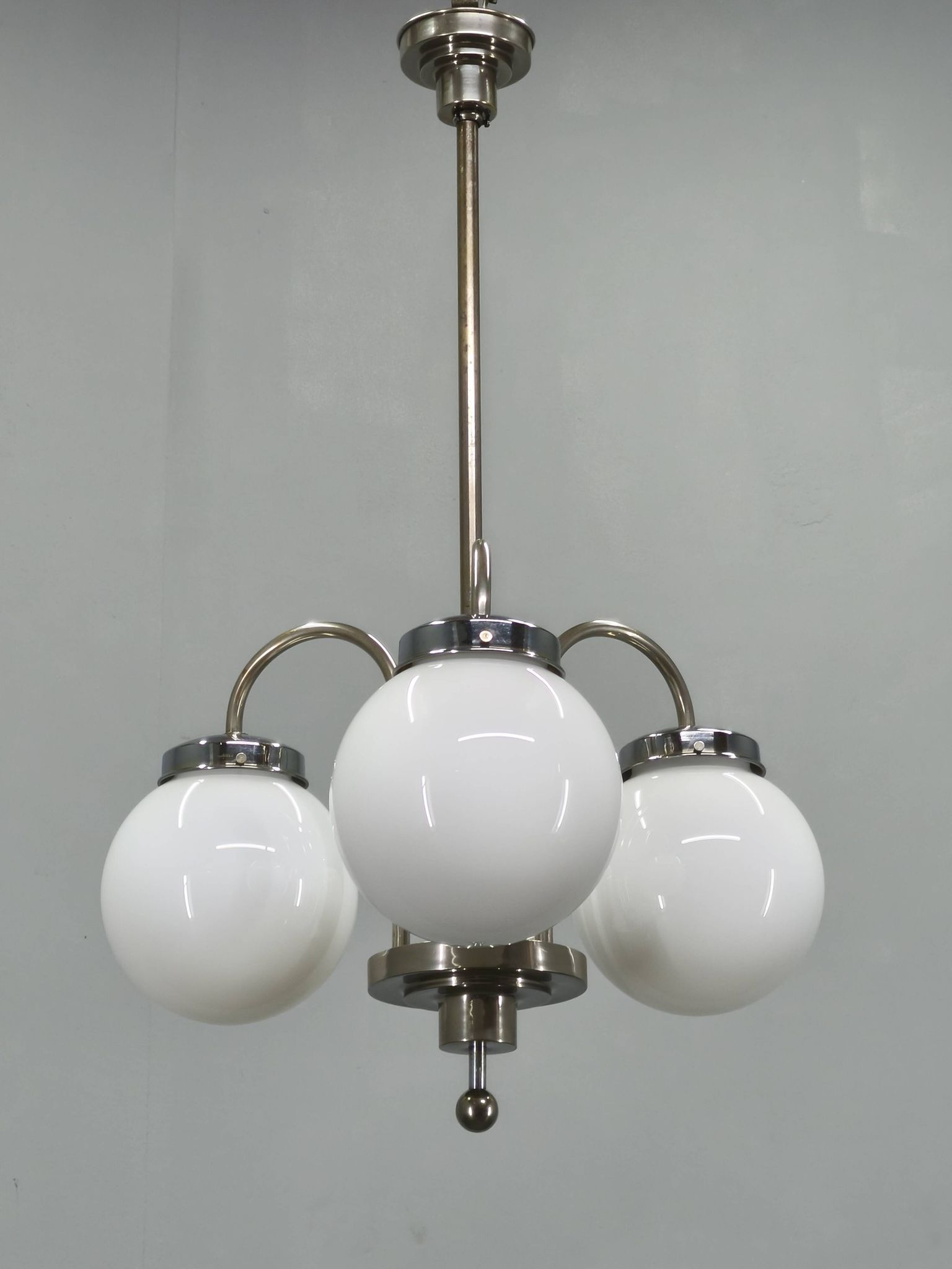 1930s Czech Art Deco Chandelier with Three Opaline Glass Globes