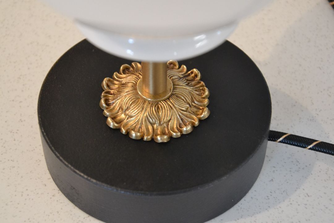 White vintage globe table lamp, black and gold finishes