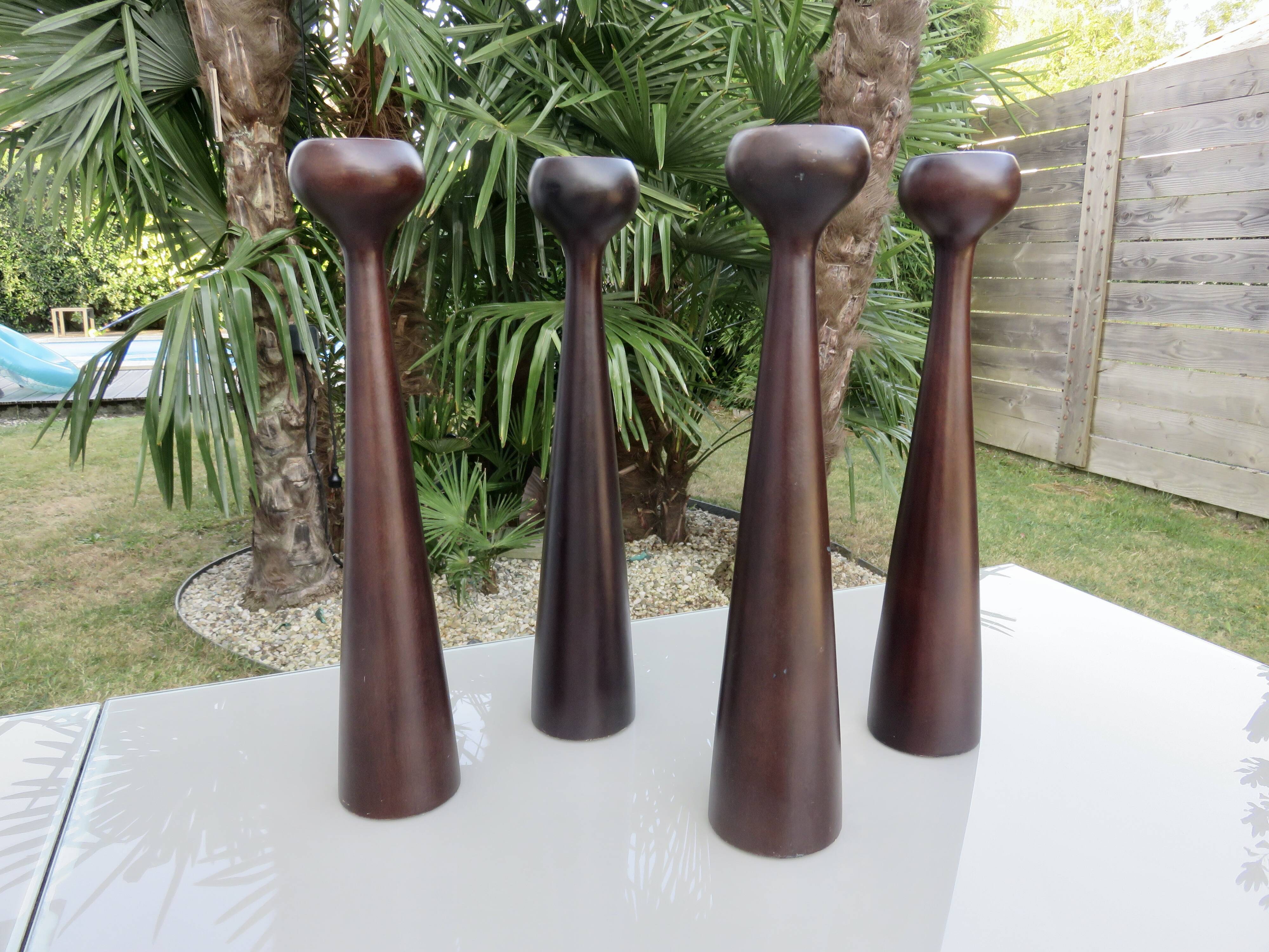 Pair of large Scandinavian teak candlesticks, vintage 1960.