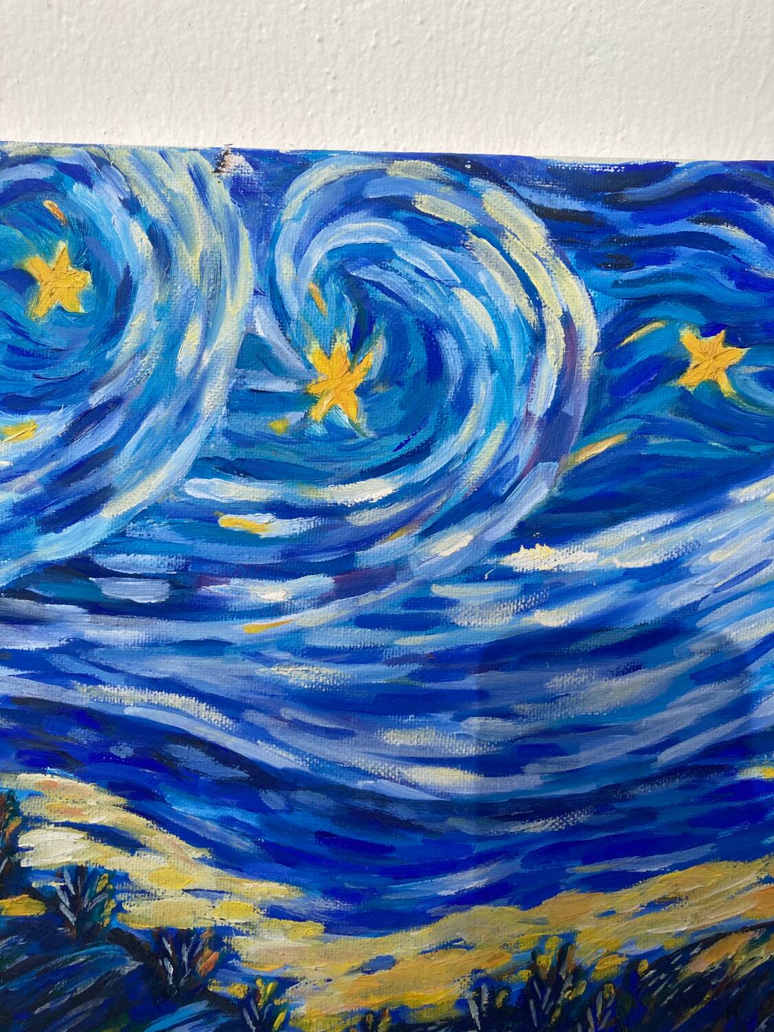 Starry night landscape painting oil on canvas