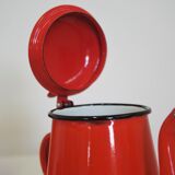 Set pichet & théière en métal émaillé orange et noir 1950s, set de 4