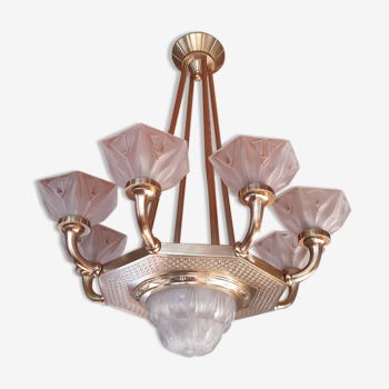 Art Deco chandelier 1930 Bronze Pressed Molded Glass