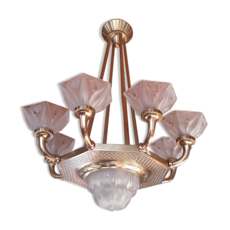 Art Deco chandelier 1930 Bronze Pressed Molded Glass