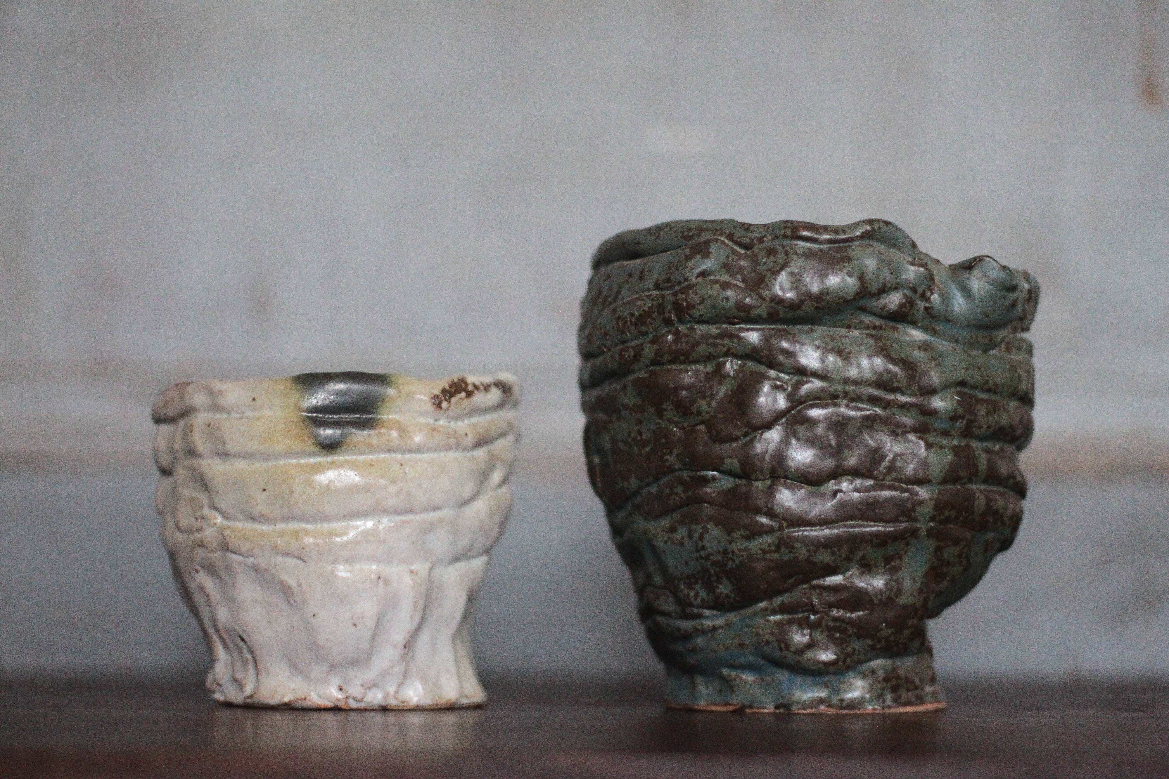 Pair of signed glazed stoneware vases, plant pot, cache-pot.