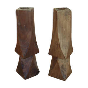 paire anciens Bougeoirs bois brutaliste/design 20 ème siècle