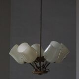Five-branch brass and glass chandelier by Paavo Tynell for Idman OY Finland, 1940s.