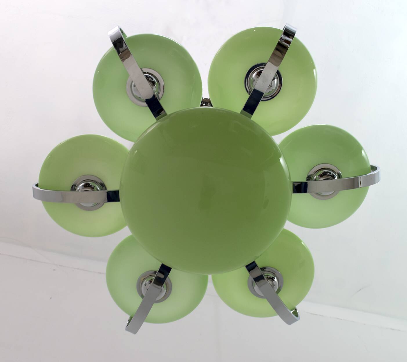 Art Deco Italian Chrome and "Incamiciato" Glass Chandelier, 1930s