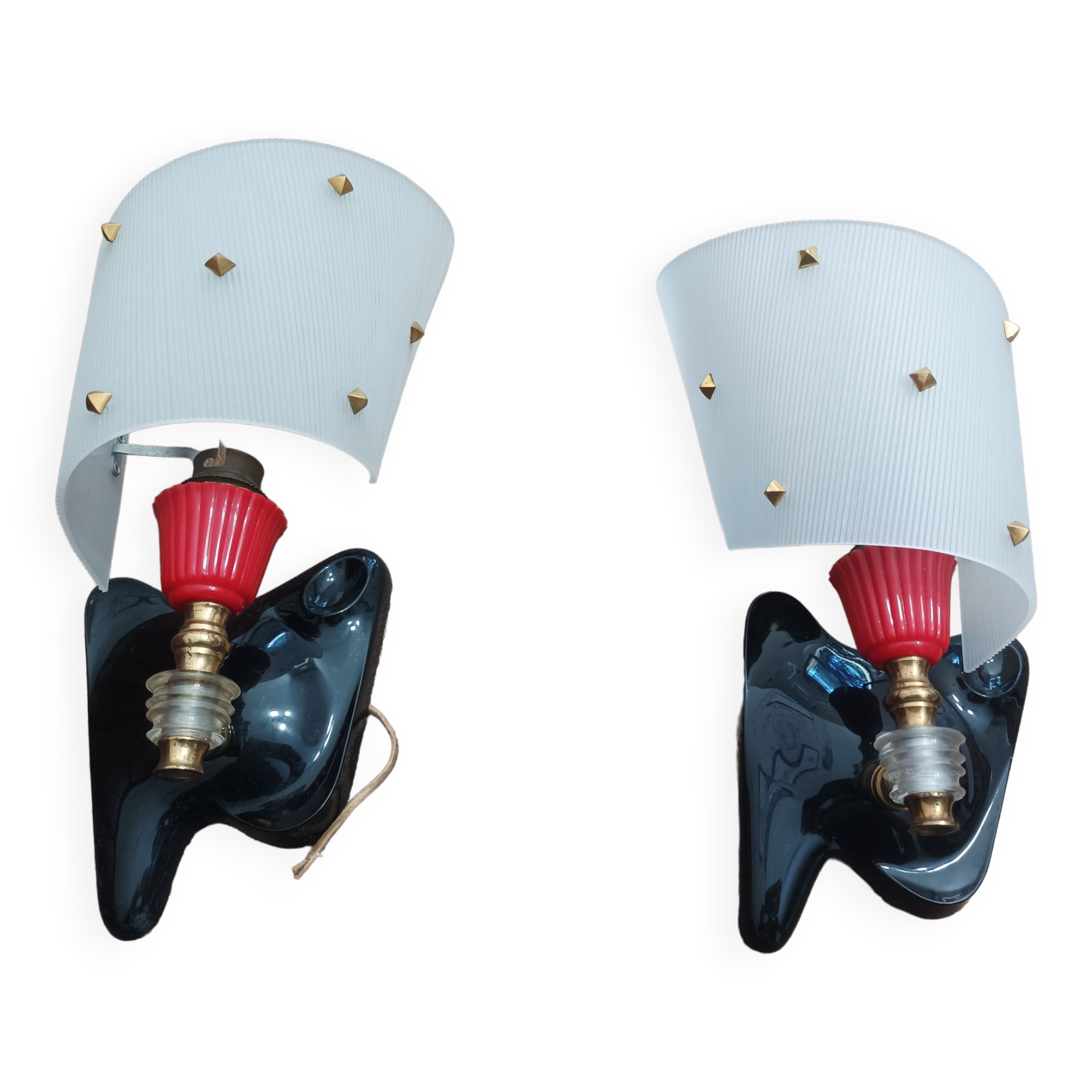Pair of vintage wall lights Rockabilly 1950s brass, black and red