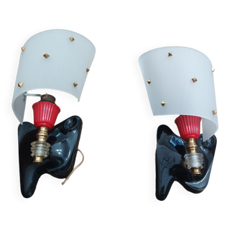 Pair of vintage wall lights Rockabilly 1950s brass, black and red