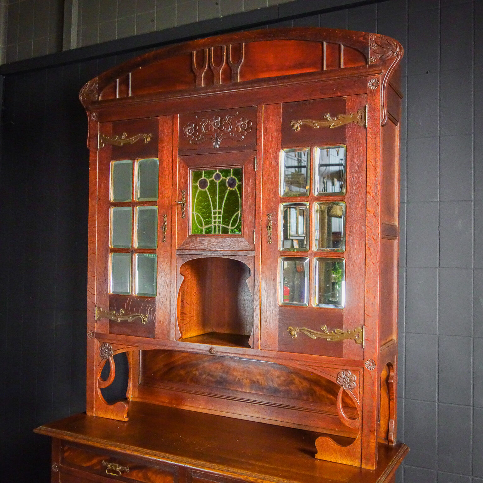 art nouveau cabinet with stained glass window, France circa 1910