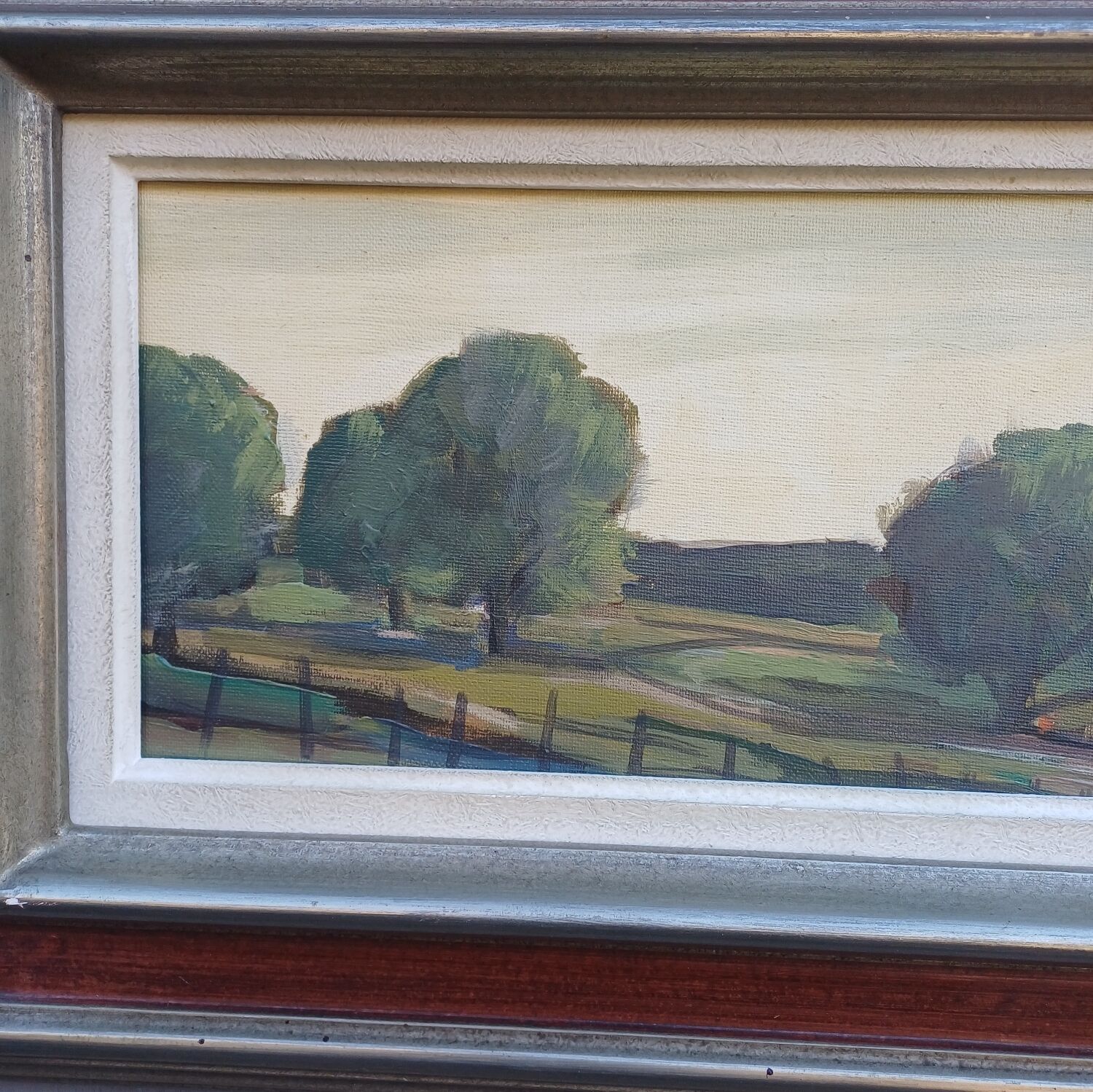 Oil painting on canvas Swiss Chalet Farm signed Boegli