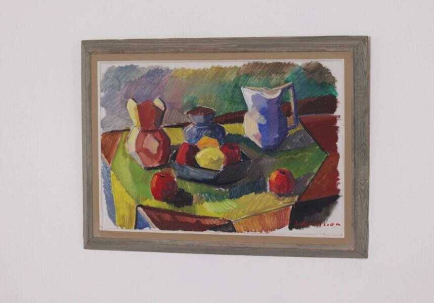 Original mid-century Swedish oil on canvas – “Kubisk Jug and Fruit” by Bror Göransson – vintage & framed – 75 × 58 cm (29.5" × 22.8")
