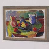 Original mid-century Swedish oil on canvas – “Kubisk Jug and Fruit” by Bror Göransson – vintage & framed – 75 × 58 cm (29.5" × 22.8")