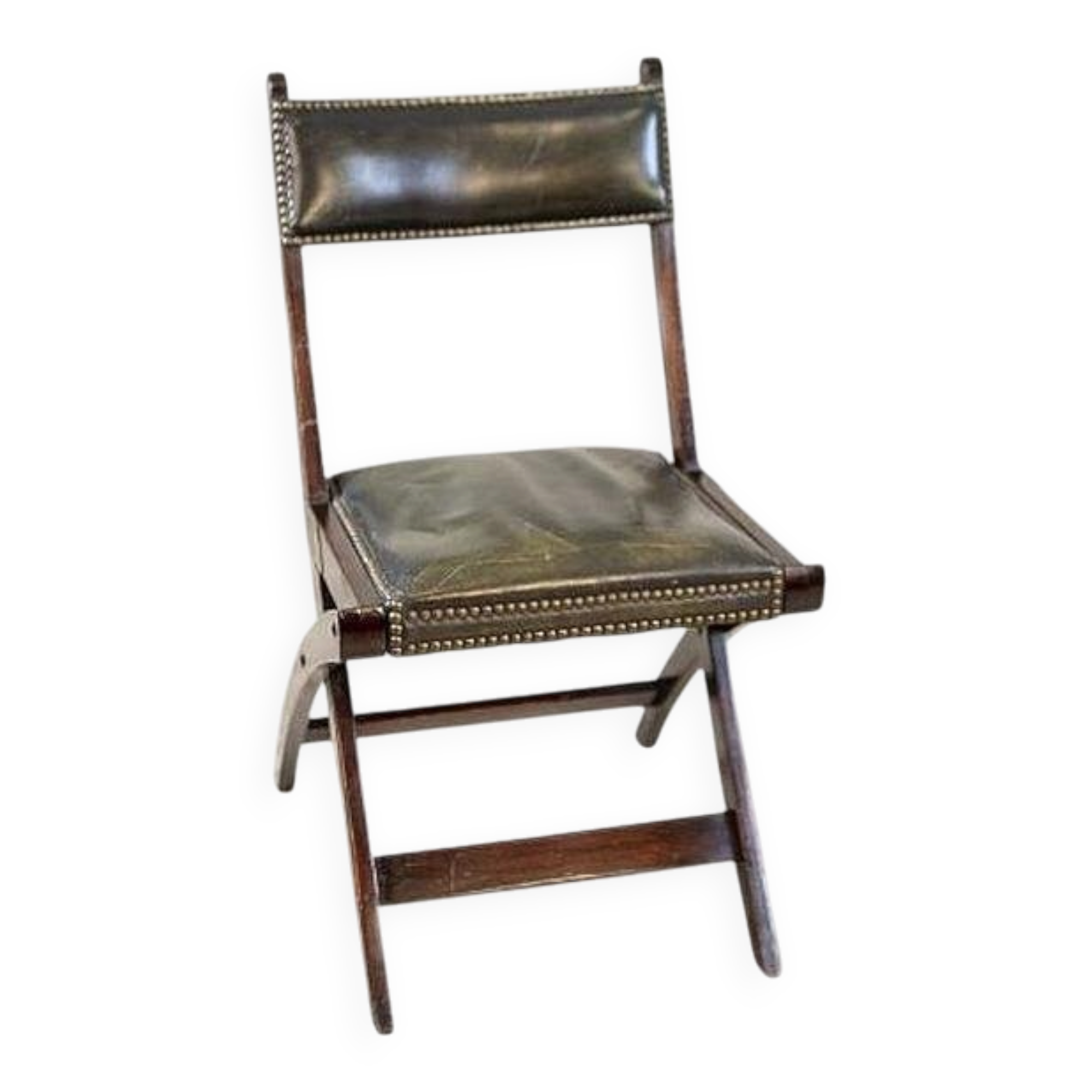 Vintage Walnut Folding Chair in Dark-Green Leather, 1950s