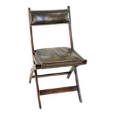 Vintage Walnut Folding Chair in Dark-Green Leather, 1950s
