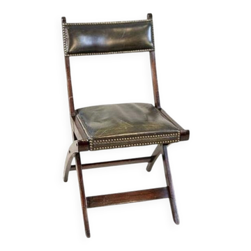 Vintage Walnut Folding Chair in Dark-Green Leather, 1950s