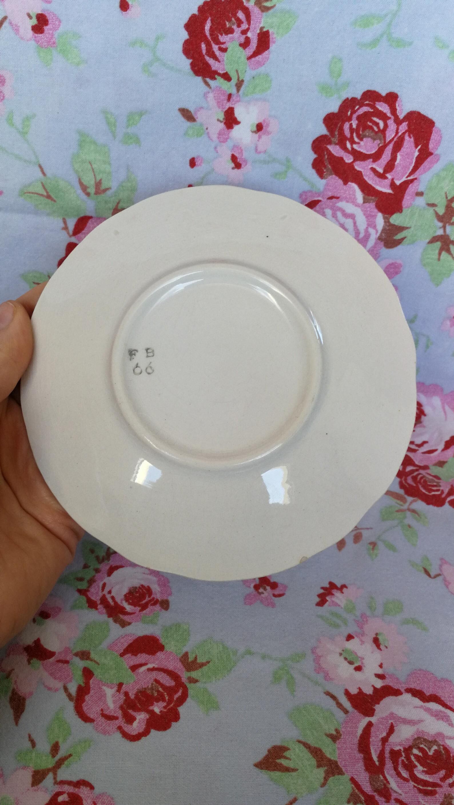 2 Old Badonviller Orange and Green Flower Cups and Sauces - Coffee or Tea Service for 2