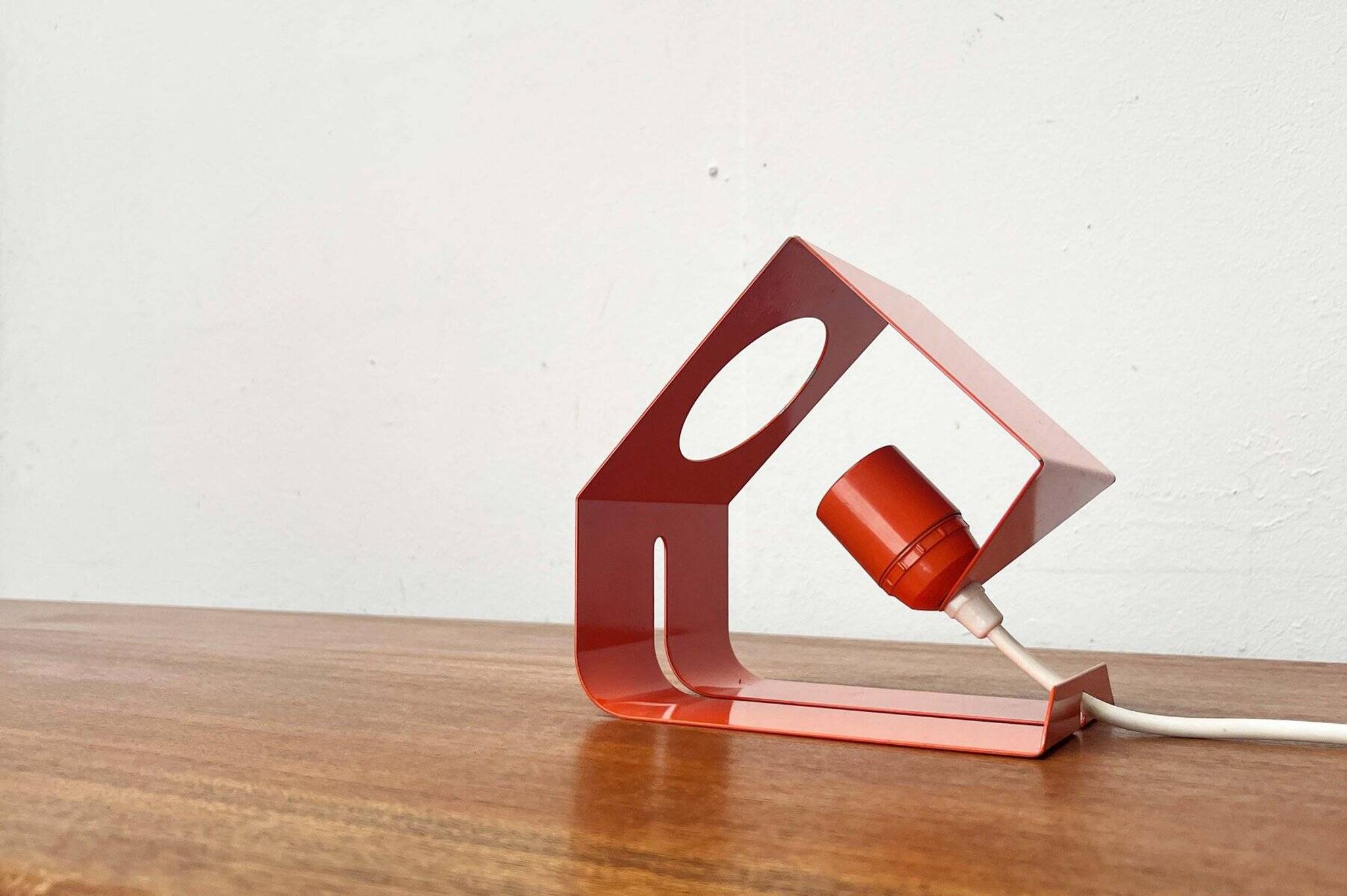 Orange metal table lamp, minimalist, modern mid-century space age, 1960s.