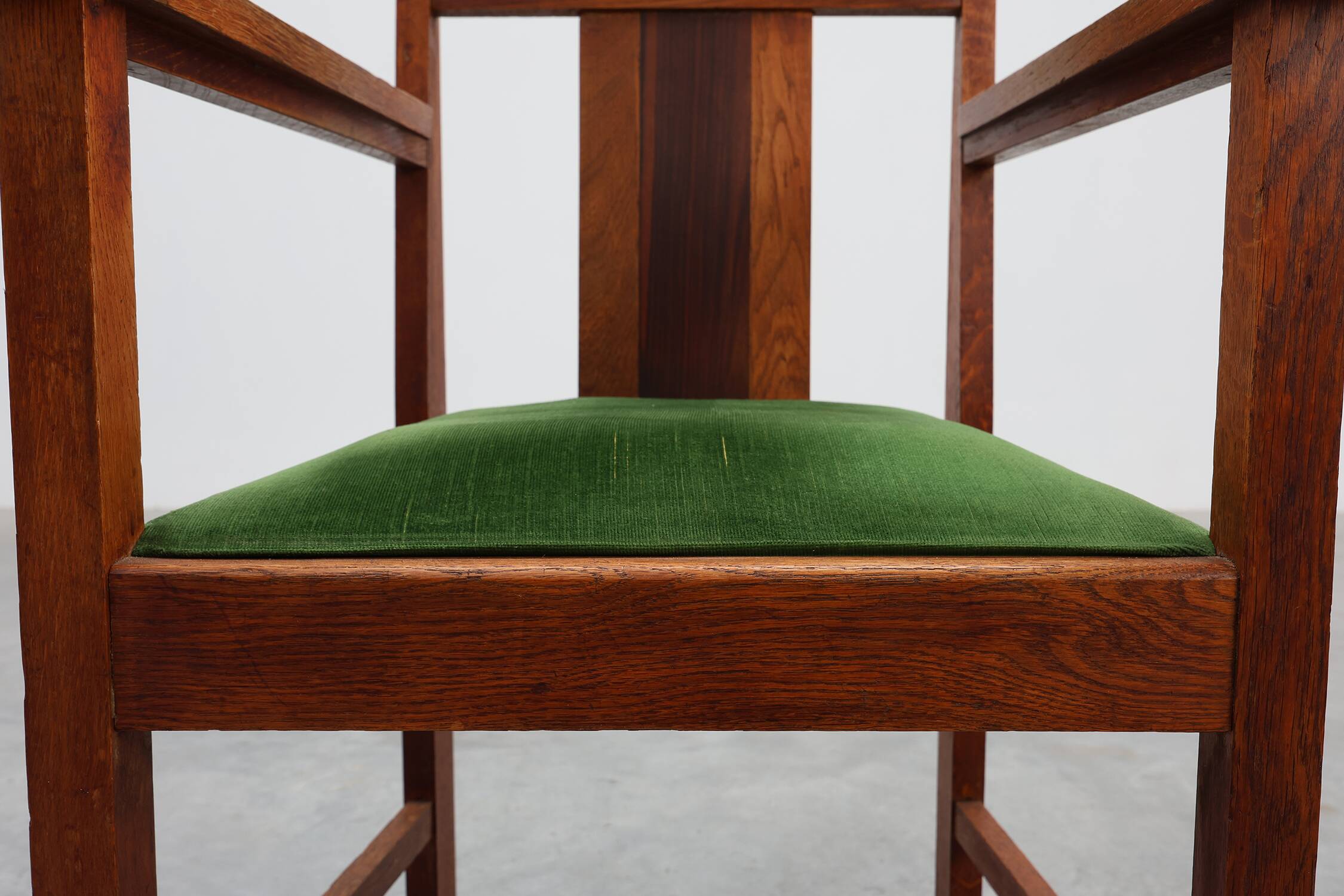Amsterdamse school oak and velvet side chair, The Netherlands 1920s