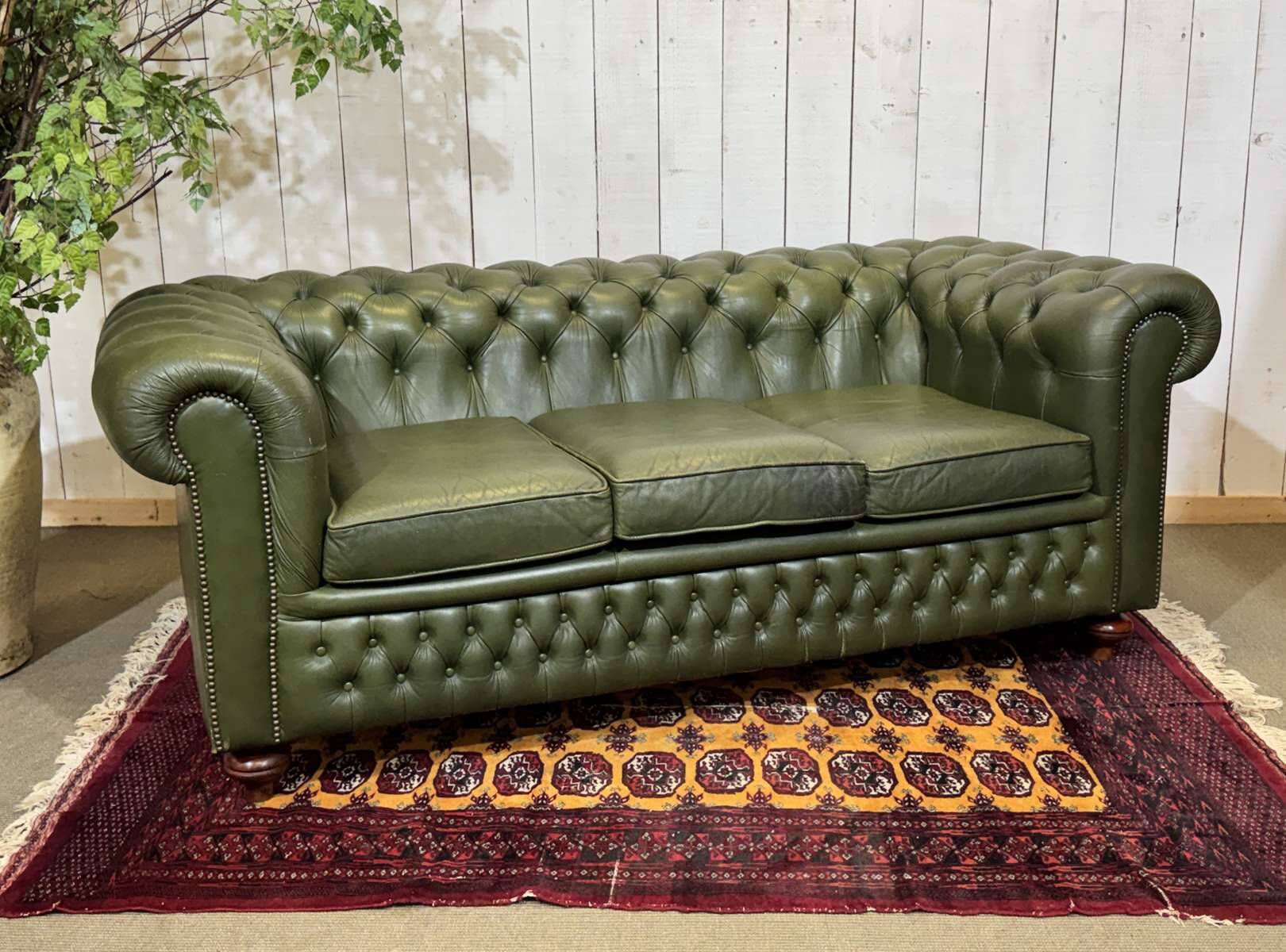Chesterfield leather 3-seater sofa with mahogany legs - English craftsmanship