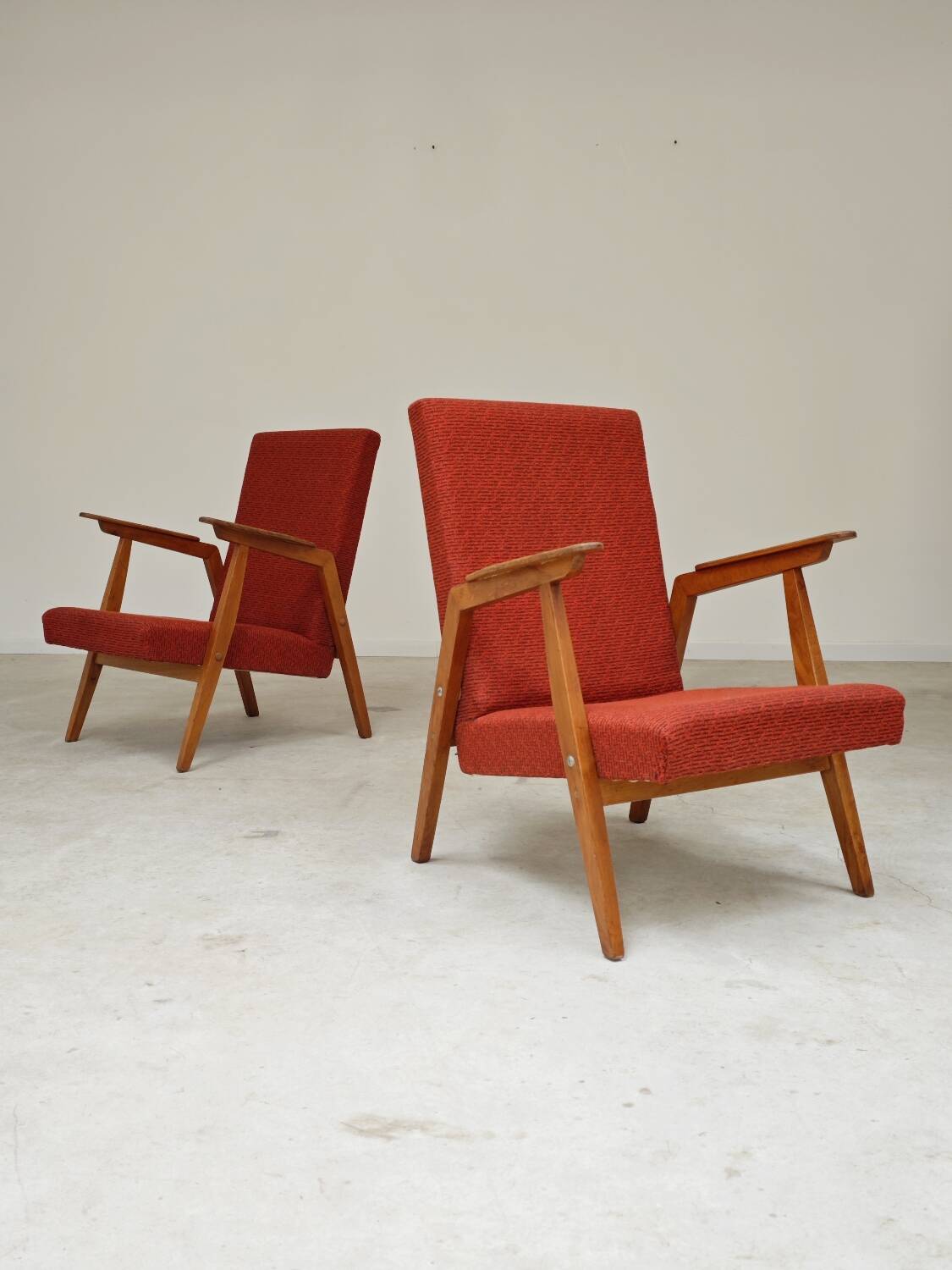 Pair of Uluv red Eastern Bloc armchairs, 1960s