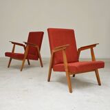 Pair of Uluv red Eastern Bloc armchairs, 1960s