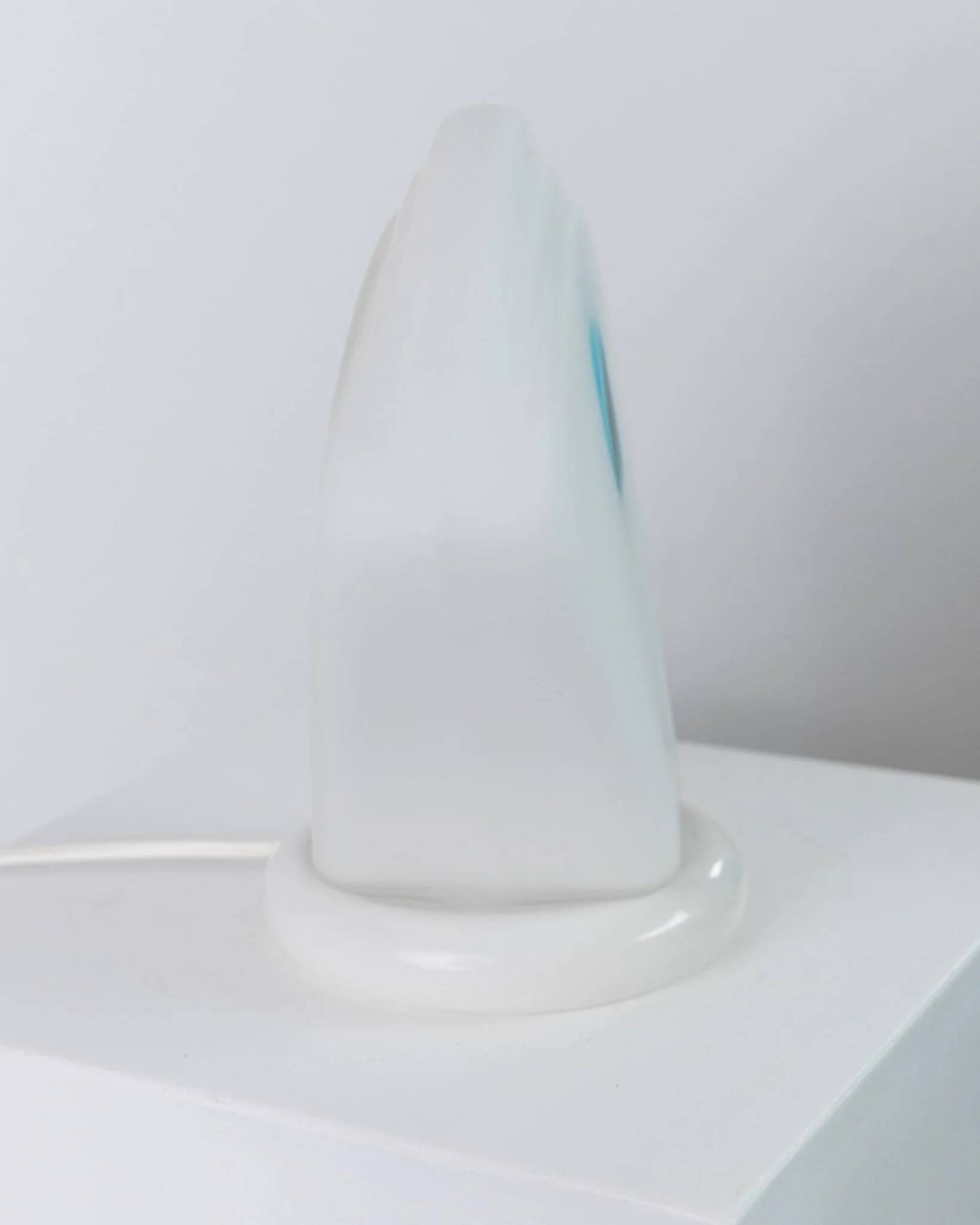Murano glass table lamp - shell silhouette, frosted glass with blue detail - postmodern Memphis style, 1980s Italy - bedside lamp, gift idea