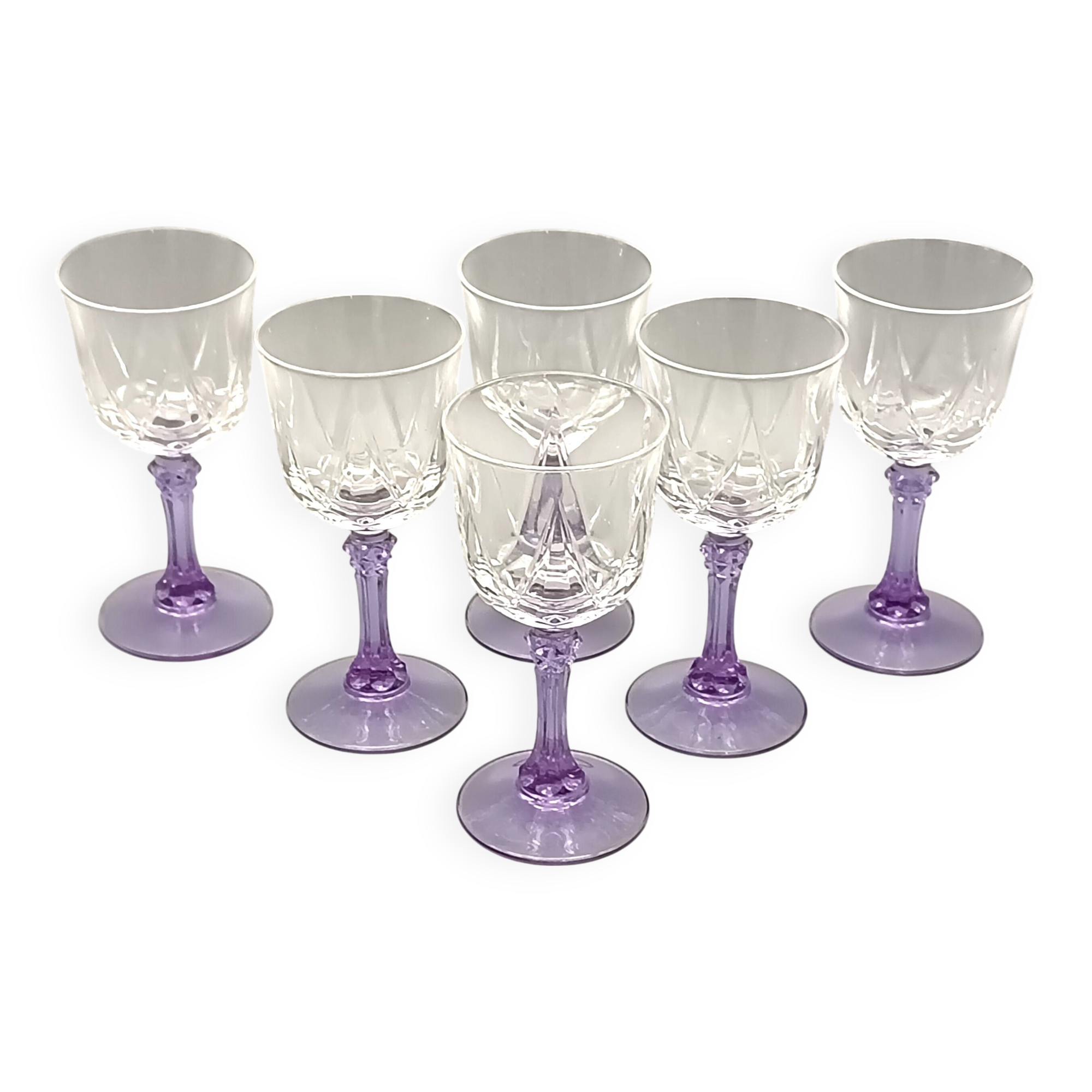 6 vintage purple stemmed liqueur glasses from France, Arques crystal