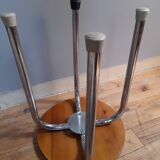 Tabouret 4 pieds tubulaire  assise bois strié, vintage
