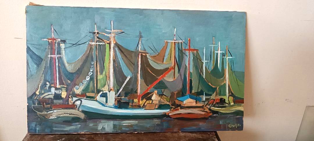 Oil painting on panel, seascape with boats - Signed, 50s/60s