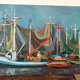 Oil painting on panel, seascape with boats - Signed, 50s/60s