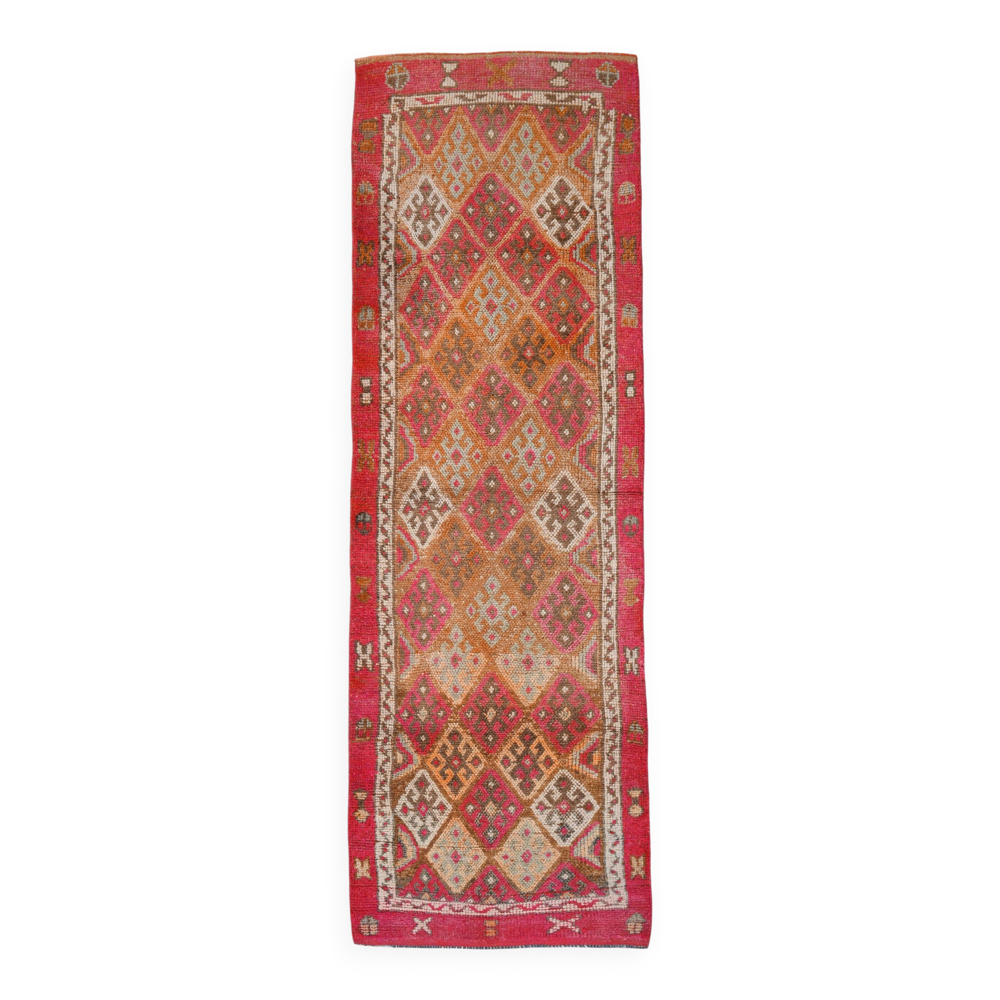 Red & Brown Geometric Vintage Runner Rug, 93x290Cm
