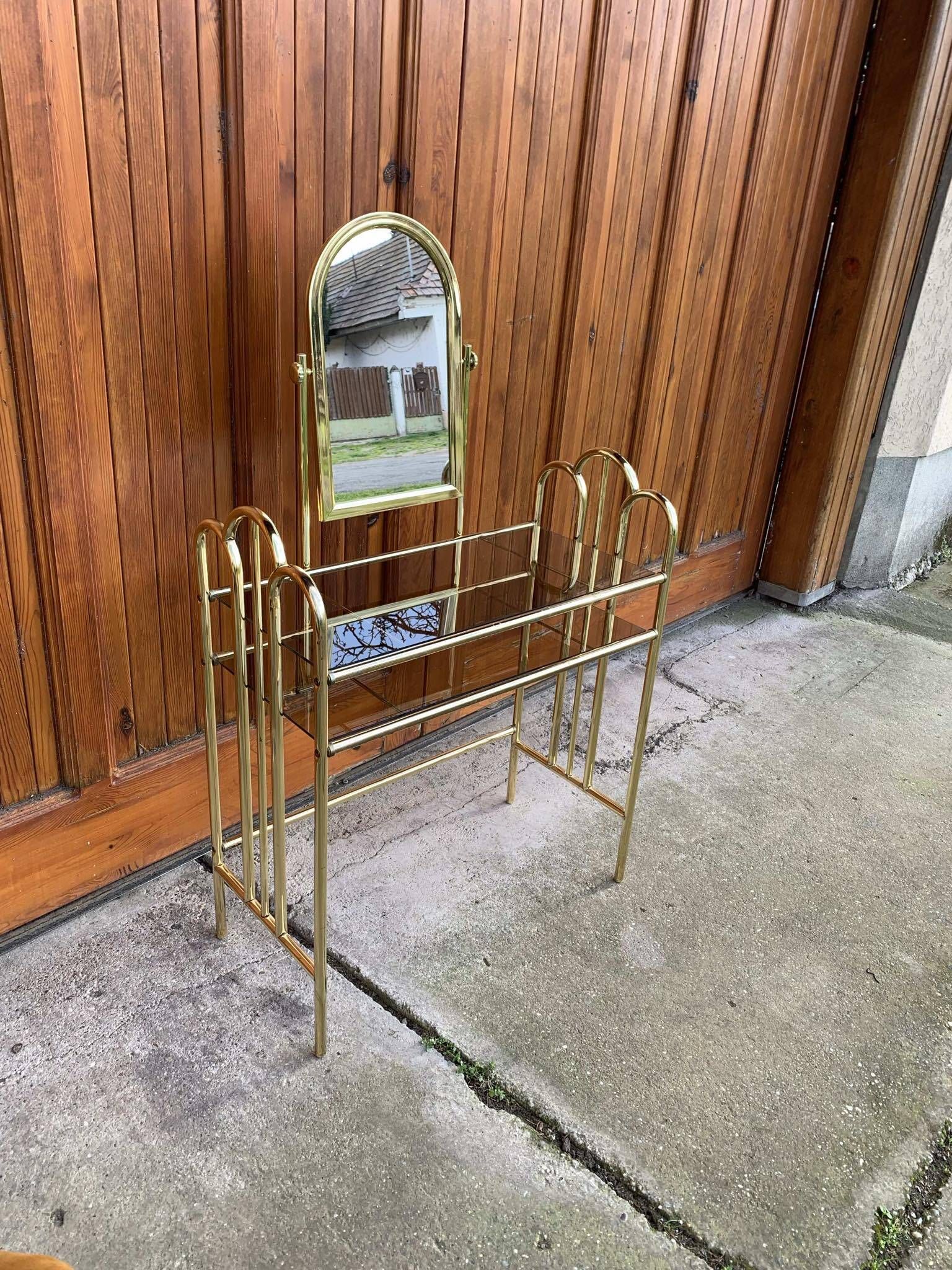 Coiffeuse et tabouret vintage en laiton, années 1950, lot de 2