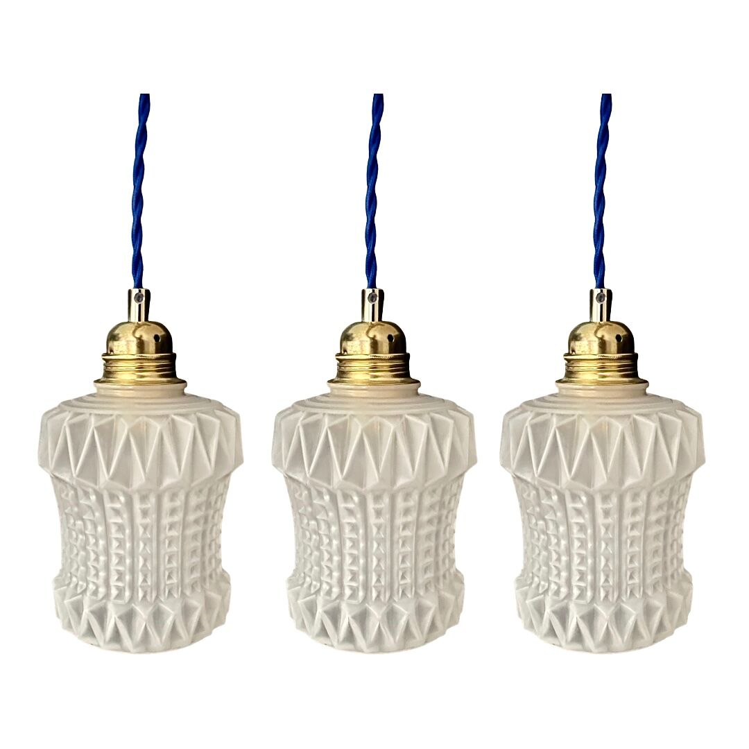 Set of three vintage electrified white glass pendant lamps with new