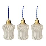 Set of three vintage electrified white glass pendant lamps with new