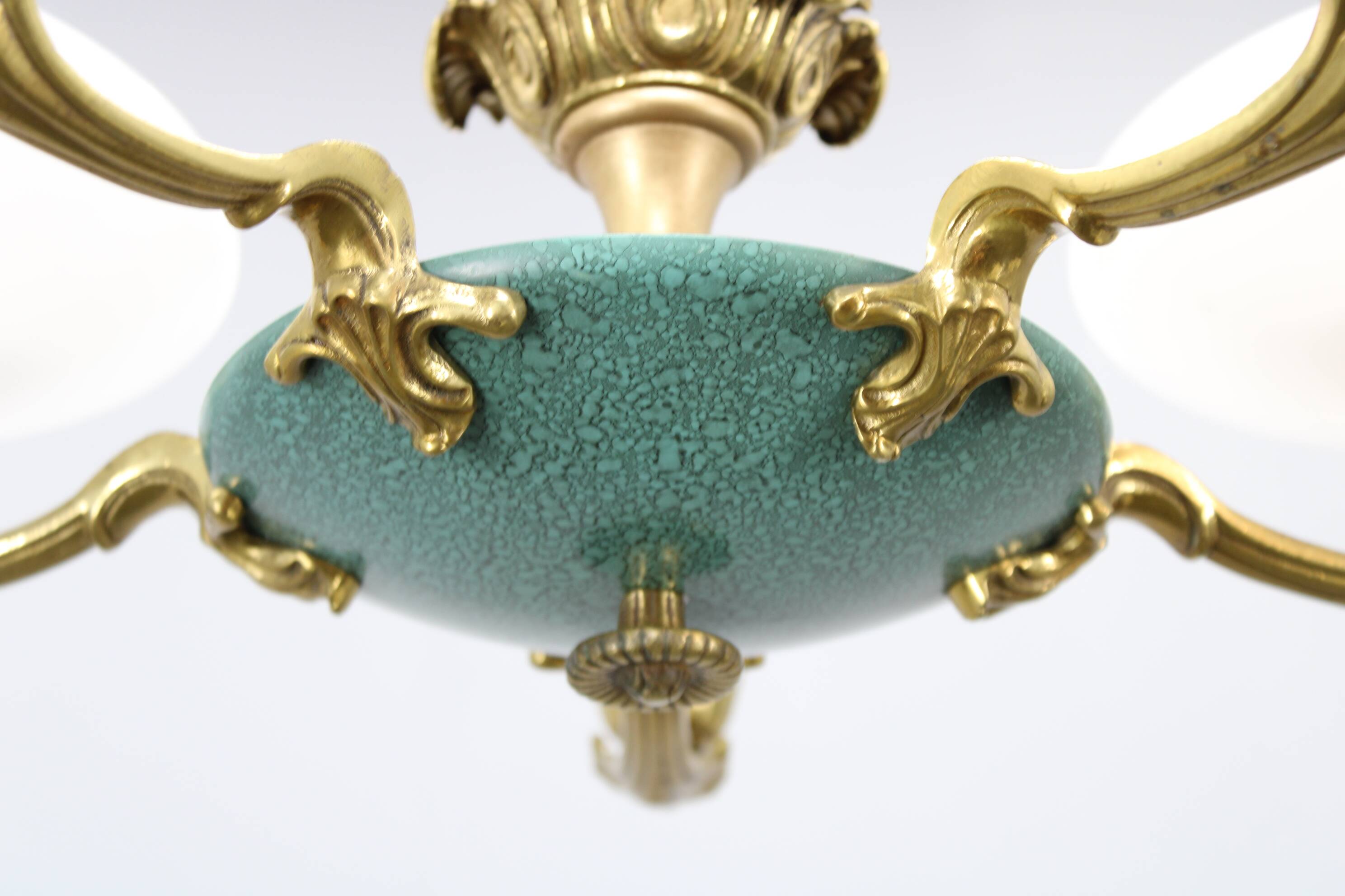 Art Deco six-light chandelier in chrome, brass and opaline glass