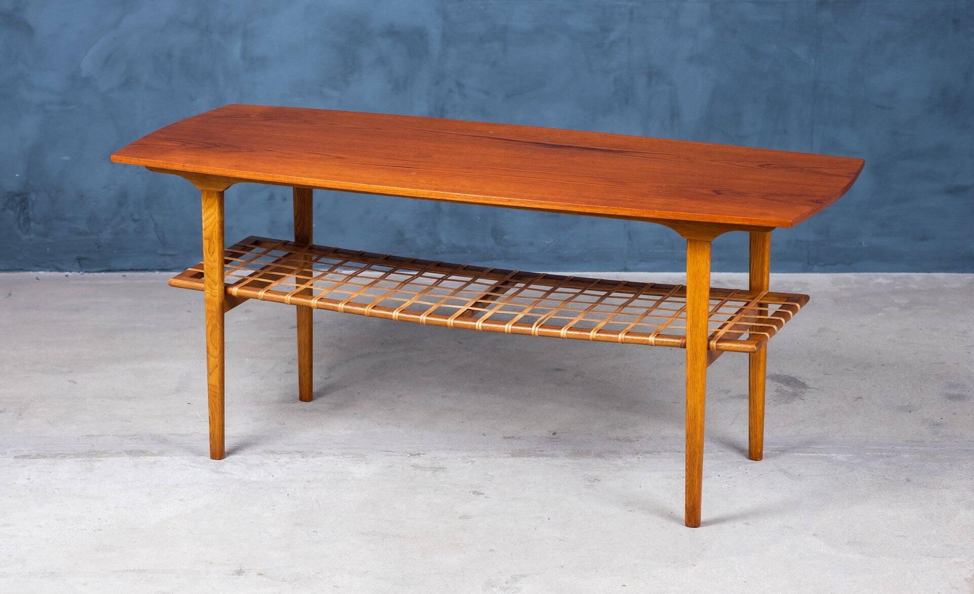 Teak and Oak Coffee Table with Rattan Shelf, Denmark, 1960s
