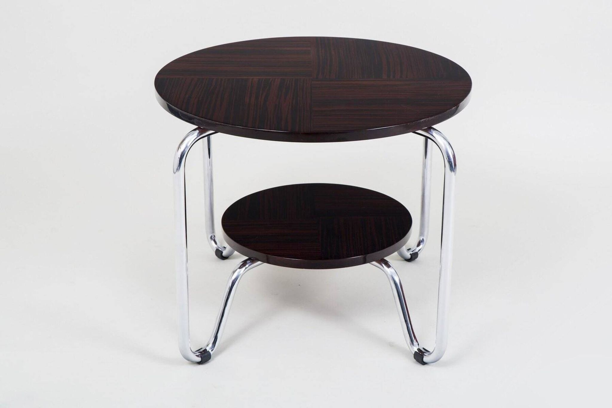 Table basse Bauhaus en chrome et Macassar de Kovona, années 1950.